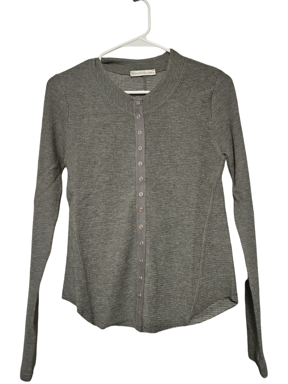 Zenana Gray Ribbed Button-Front Long Sleeve Top